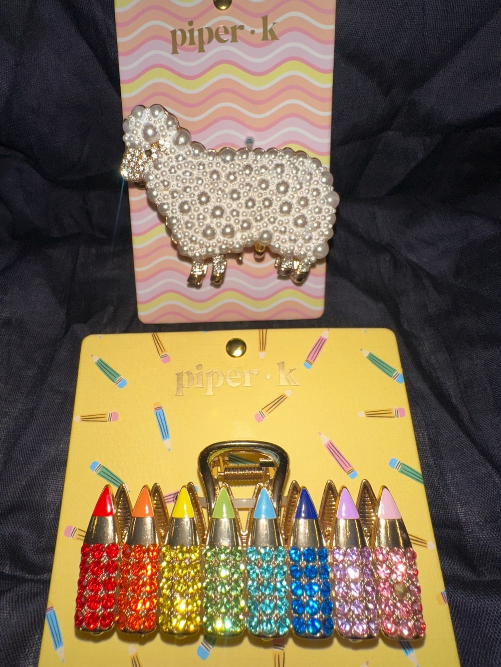 Piper K Pearl Sheep & Rainbow Crayon Hair Claw Clip Set - White & Multicolor
